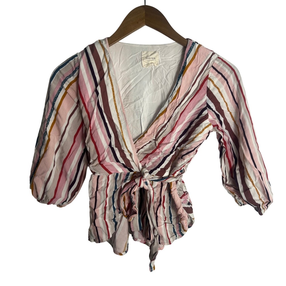 Wm XXS Top Colorful Stripe Rainbow Boho-Chic Blouson Sleeves‎ Tie-Front Festival